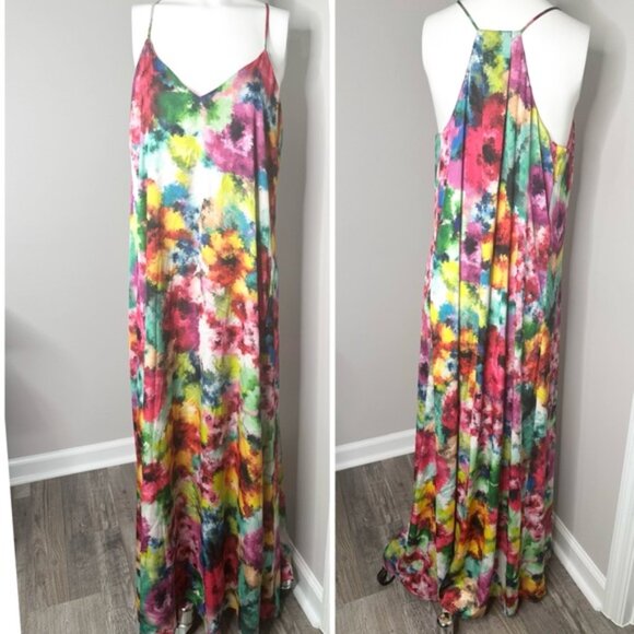NICOLE MILLER WATERCOLOR SATIN MAXI DRESS-PRELOVED-XL - Picture 3 of 13